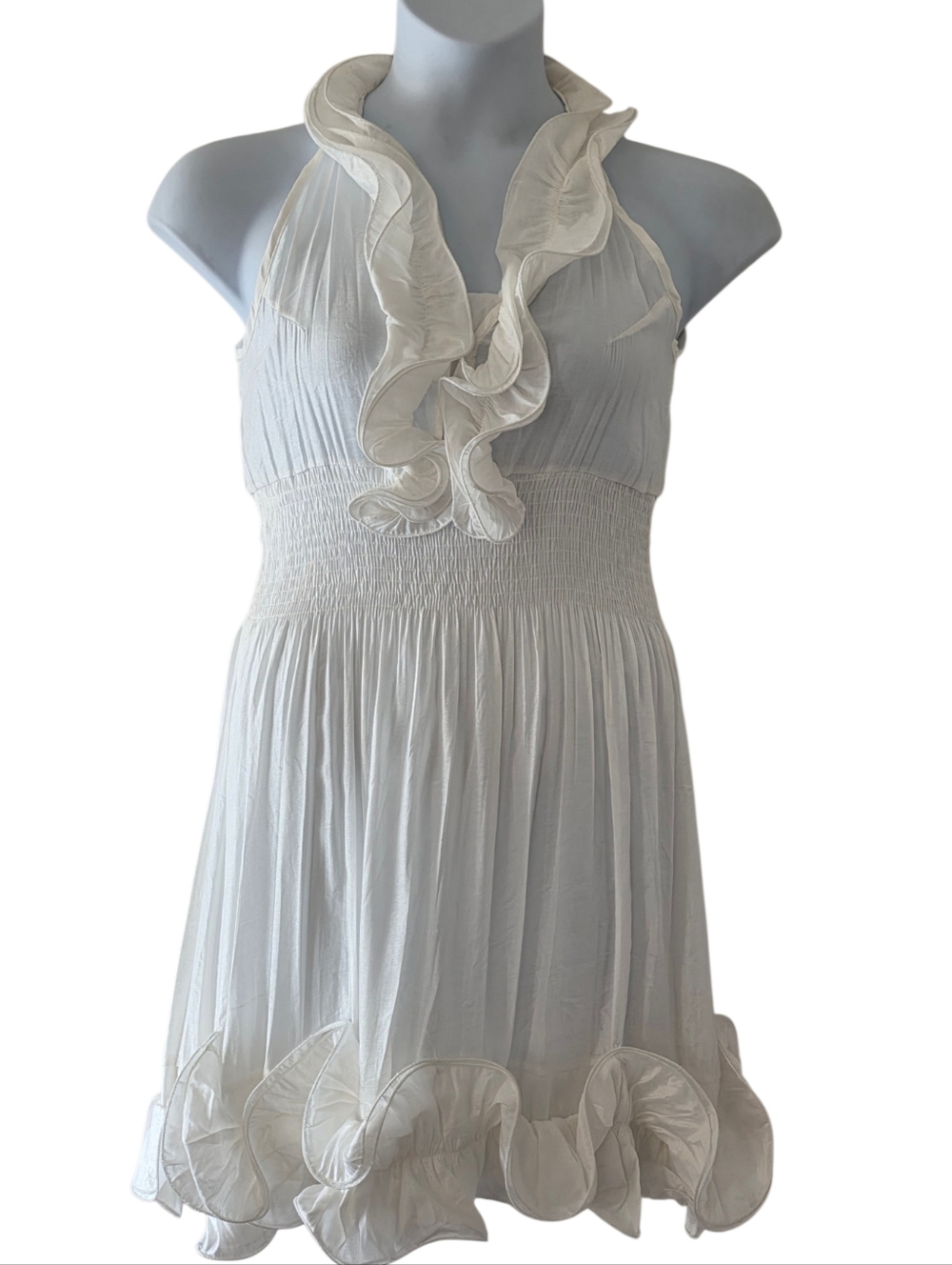 Smocked Waist Ruffle Neck White Dress Lge Cotton Blend Sleeveless Coquette NEW